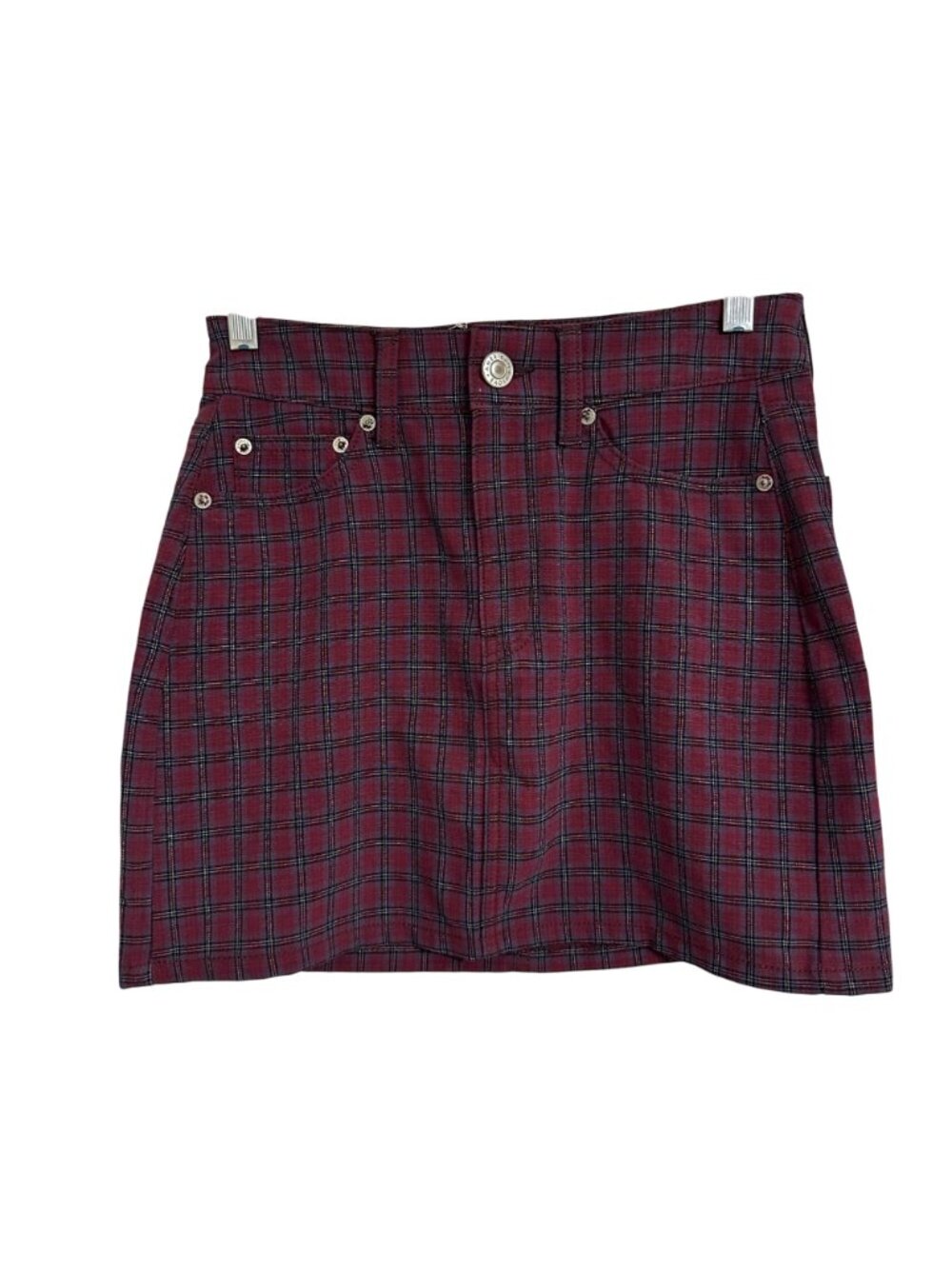 American Eagle Outfitters Hi-Rise Mini Skirt Plaid Maroon Black SZ 00 Preppy - Picture 2 of 12